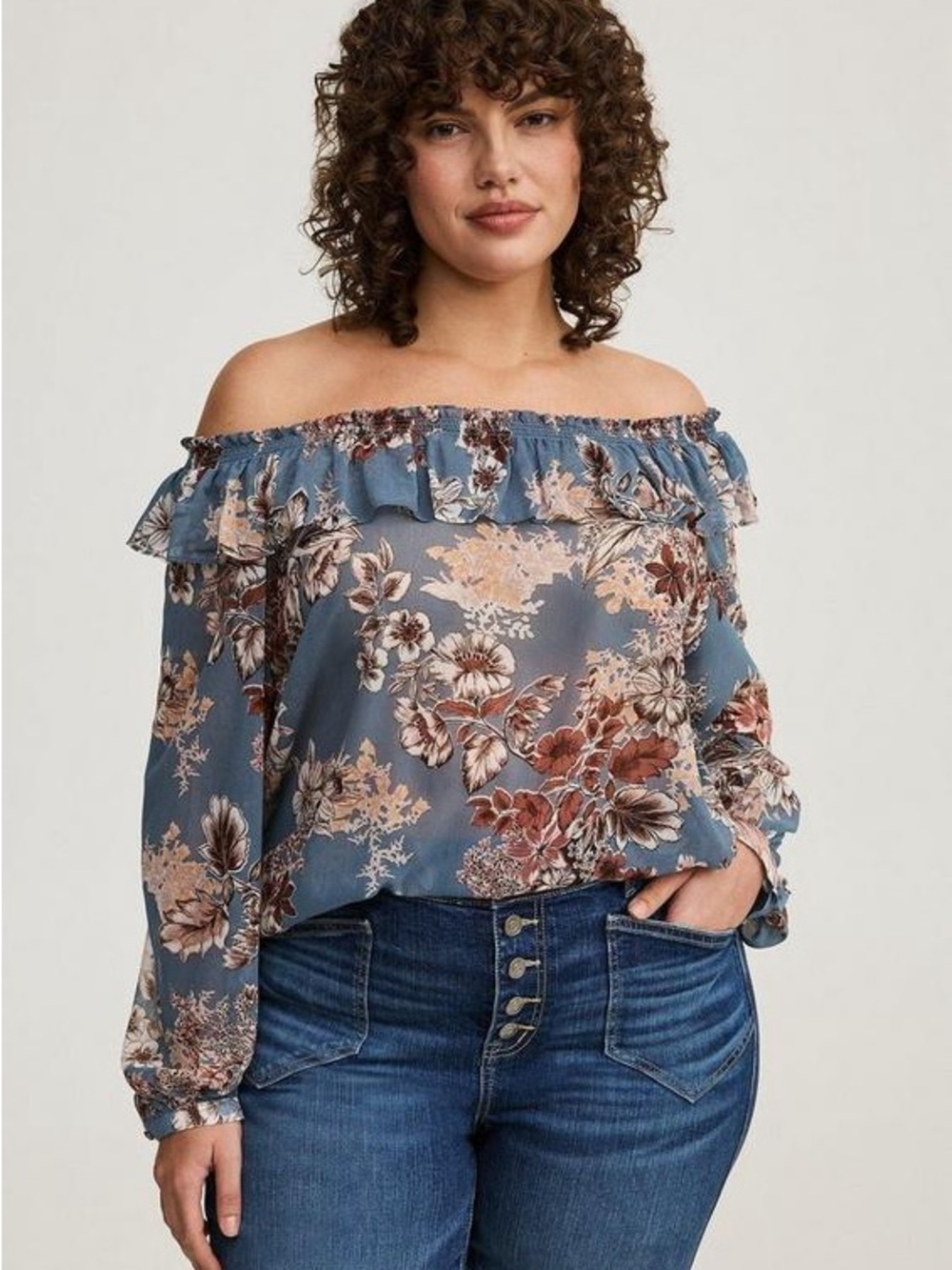 SOLD OUT Torrid Blue Floral Chiffon Off-Shoulder Ruffle Top Peasant Blouse